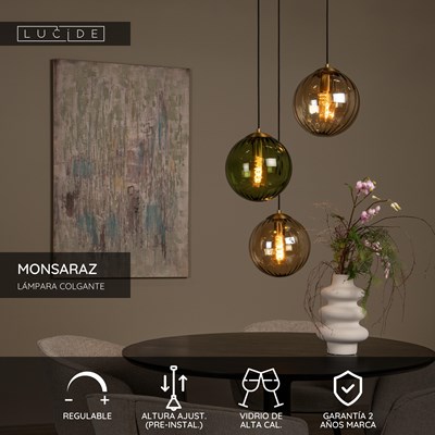 Lucide MONSARAZ - Lámpara colgante - Ø 35 cm - 3xE27 - Verde